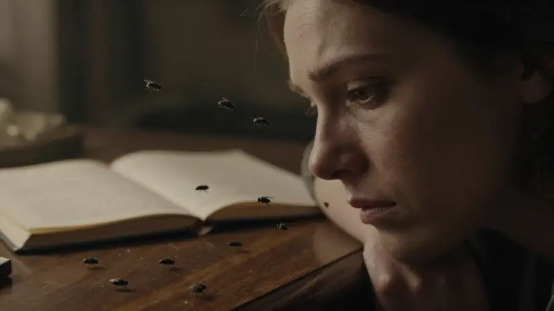 Mujer preocupada con el rostro parcialmente cubierto por una nube de moscas, en una habitación con escritorio antiguo y diarios de sueños.