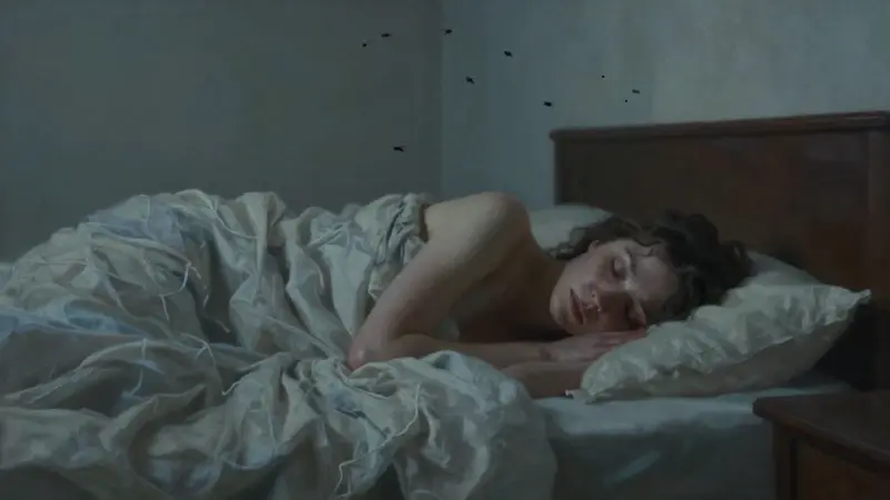 Mujer dormida en un dormitorio tenuemente iluminado, rodeada por un enjambre de moscas, evocando una atmósfera onírica y de inquietud.