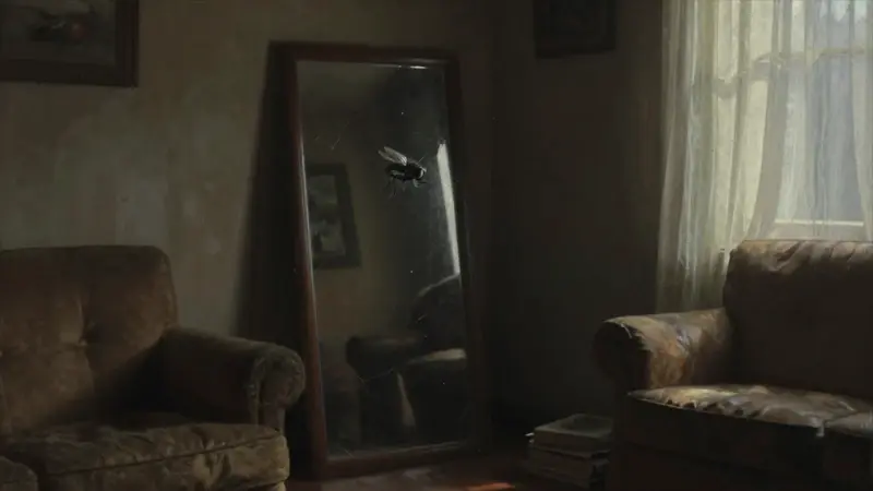 Una mosca posada sobre un espejo agrietado en una sala de estar antigua y polvorienta, con luz tenue y ambiente melancólico.