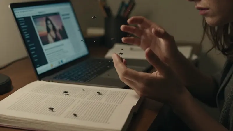 Manos frustradas ahuyentando moscas en un escritorio desordenado con libros de psicología y una laptop mostrando análisis de sueños.