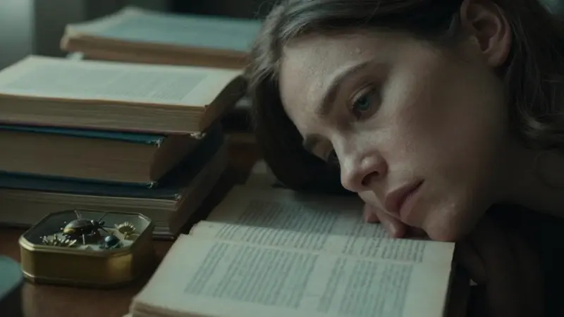 Mujer pensativa en un estudio lleno de libros sobre análisis de sueños, con cajas de insectos antiguos en un ambiente melancólico y tenuemente iluminado.