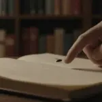 Mano ahuyentando moscas cerca de un diario de sueños antiguo en un estudio con estanterías llenas de libros, iluminación tenue y ambiente melancólico.