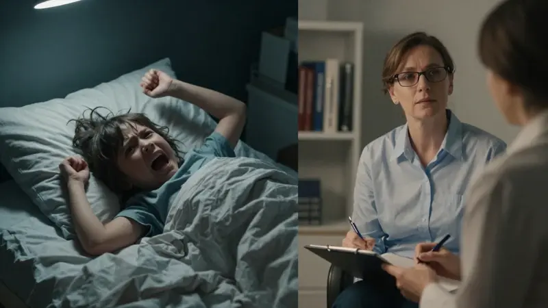 Diferencia visual entre una pesadilla, con un niño aterrorizado en su cama, y un terror nocturno, representado con un psicólogo tomando notas en un consultorio.