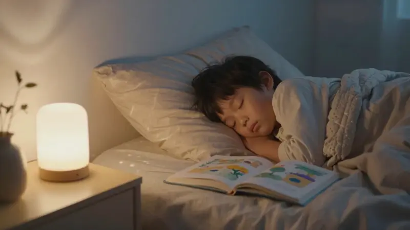 Niño durmiendo plácidamente en un dormitorio cálidamente iluminado, con una luz nocturna suave y un libro abierto junto a la cama.