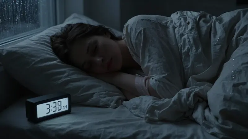 Mujer durmiendo angustiada en una habitación oscura a las 3:33 AM, con sábanas revueltas y lluvia en la ventana.