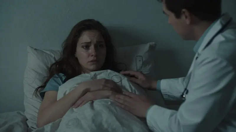 Mujer angustiada abraza una manta en su dormitorio, mientras un médico la examina con preocupación. La escena, con tonos azul verdoso y grises, transmite una atmósfera de vulnerabilidad e inquietud relacionada con pesadillas o terrores nocturnos.