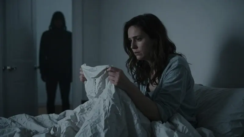 Mujer angustiada sentada en la cama a oscuras, aferrándose a las sábanas, con una figura sombría en la puerta. Atmósfera opresiva y nocturna.