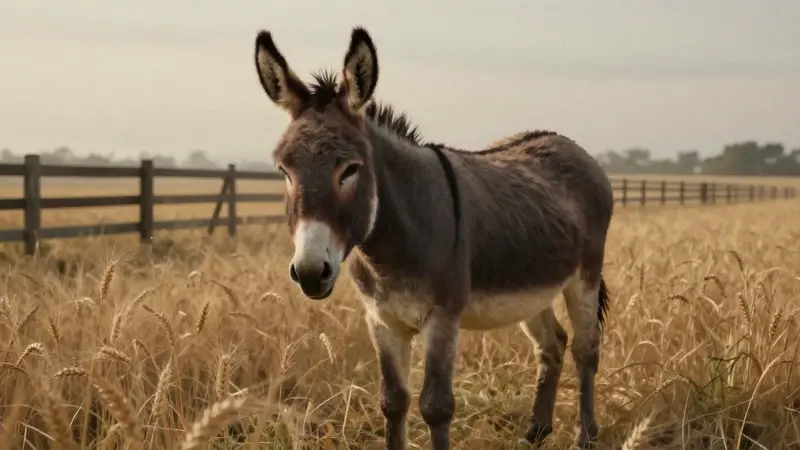 Burro cansado en un campo de trigo dorado durante la hora dorada, con una valla de madera al fondo.