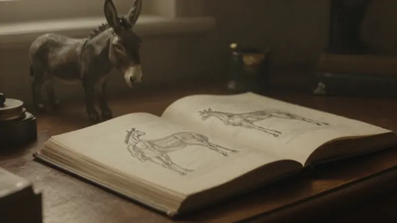 Estudio antiguo con un libro abierto mostrando bocetos de un burro y una pequeña figura de burro a medio ocultar por la sombra.