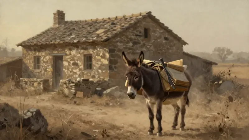 Burro cargado de libros y herramientas en un paisaje rural bañado por la luz del sol, con una casa de piedra al fondo.