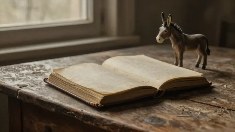 Diario de sueños antiguo abierto junto a una figura de burro en un ático polvoriento y bañado por el sol.