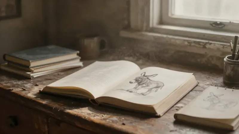 Habitación abuhardillada con luz solar, un libro abierto muestra un boceto de un burro sobre un escritorio de madera antiguo rodeado de diarios de sueños.