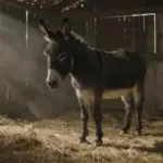 Burro tranquilo en el interior de un viejo granero iluminado por rayos de sol polvorientos.