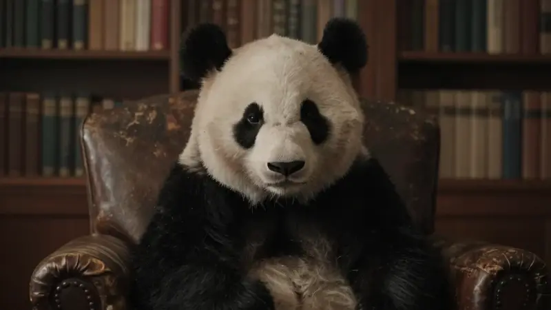 Panda gigante en un estudio con estanterías llenas de libros, transmitiendo una atmósfera de reflexión y melancolía.