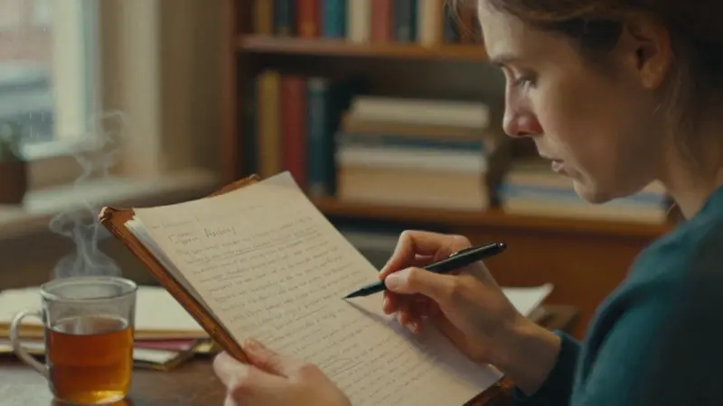 Mujer joven revisando notas manuscritas sobre análisis de sueños en un ambiente cálido y acogedor, con estanterías y una taza de té a su lado.