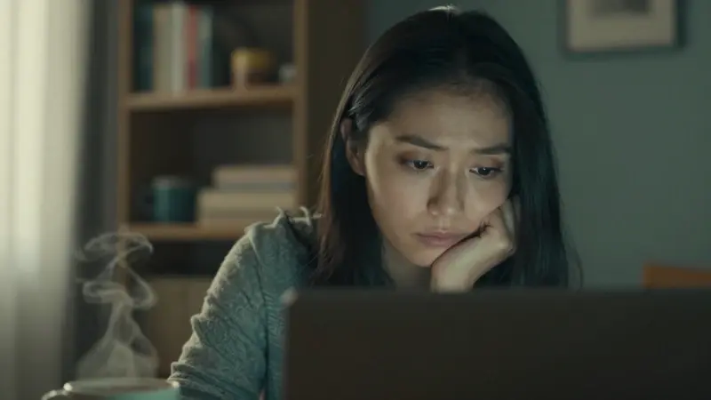 Mujer pensativa frente a un portátil, con un ambiente hogareño y cálido en la noche.