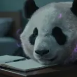 Primer plano de la cara de un oso panda que se difumina en nebulosas arremolinadas, con un tenue fondo de dormitorio y un diario de sueños abierto sobre una mesita de noche.