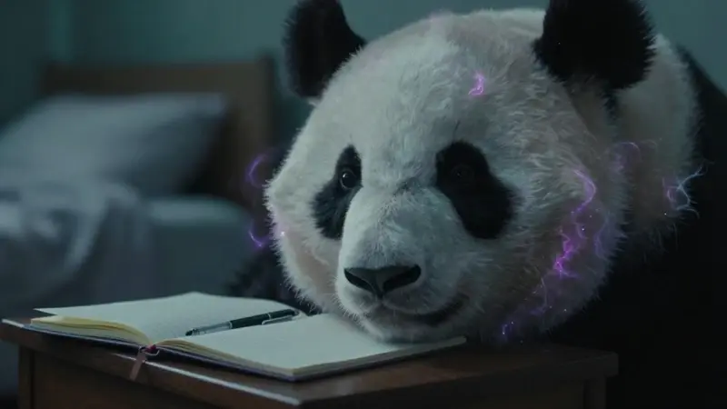 Primer plano de la cara de un oso panda que se difumina en nebulosas arremolinadas, con un tenue fondo de dormitorio y un diario de sueños abierto sobre una mesita de noche.