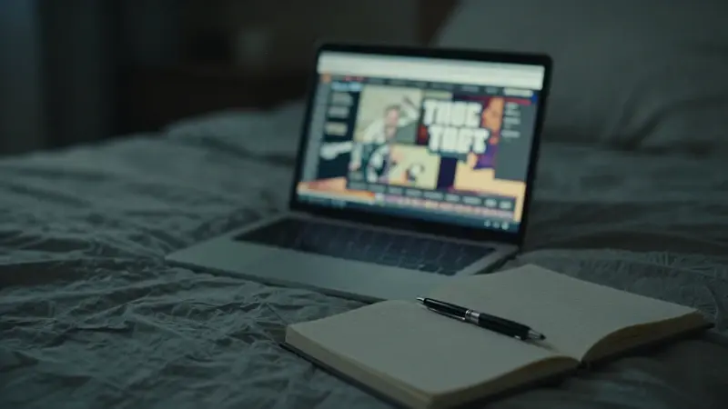 Dormitorio tenuemente iluminado con un portátil abierto mostrando una imagen borrosa de Grand Theft Auto V, junto a un diario de sueños y un bolígrafo.