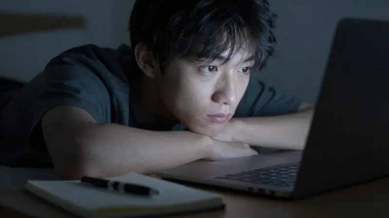 Joven frente a un portátil en la penumbra, posiblemente analizando un sueño, con un diario y bolígrafo cerca.