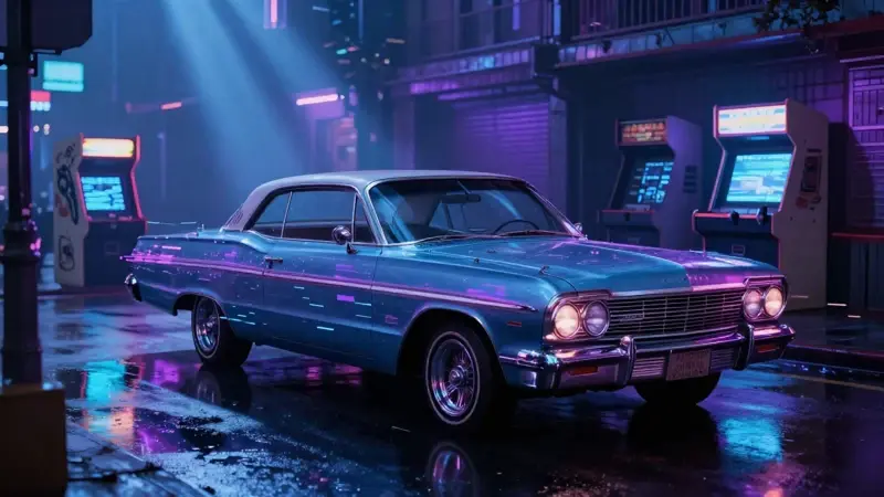 Ciudad onírica con luces de neón y un coche clásico parcialmente pixelado, evocando la estética del videojuego GTA en un ambiente melancólico y detallado.