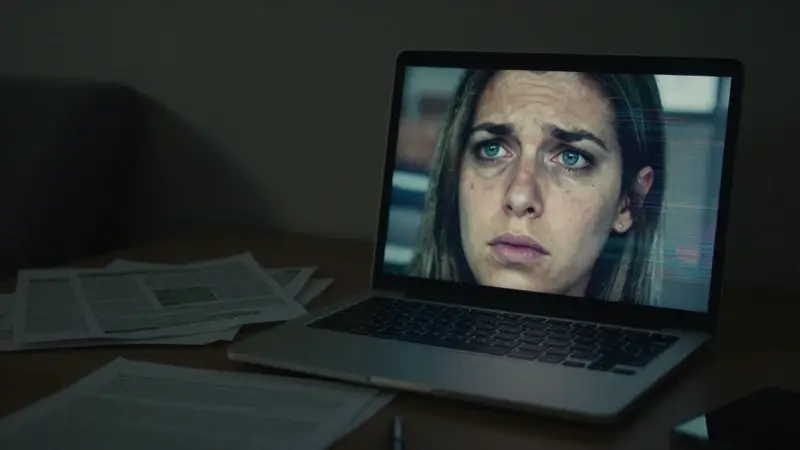 Reflejo en los ojos de una persona preocupada la pantalla de un ordenador con una escena glitchada del videojuego GTA V, en un dormitorio oscuro y desordenado durante la noche.