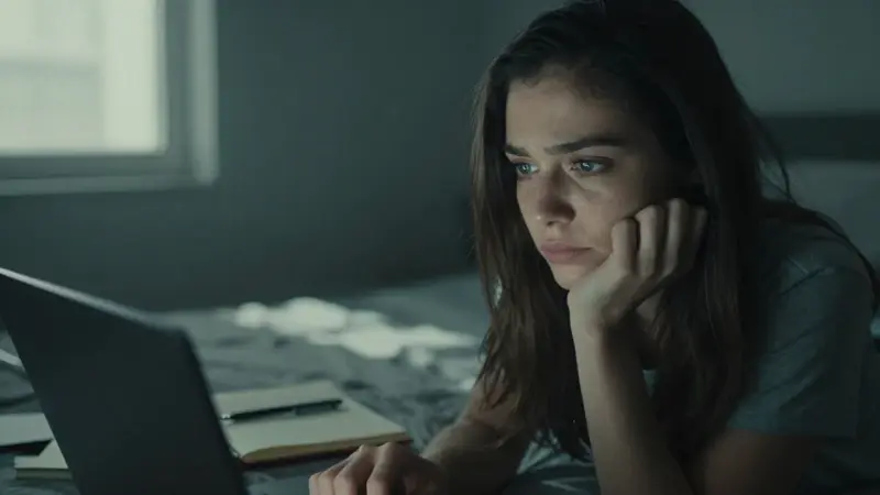 Joven mujer contemplativa frente a un portátil, posiblemente analizando un sueño, con un diario y bolígrafo cerca en un dormitorio tenuemente iluminado.