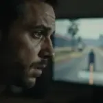 Primer plano de un hombre con expresión ansiosa, iluminado por el resplandor de una pantalla de ordenador donde se ve gameplay de GTA V en un dormitorio oscuro.