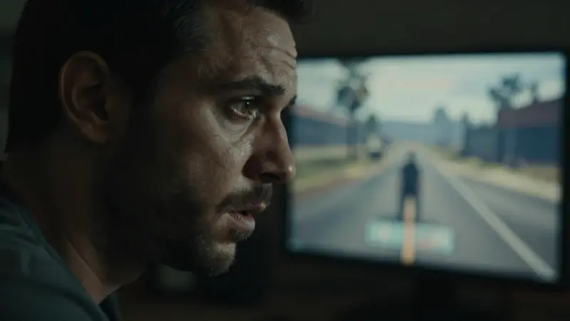 Primer plano de un hombre con expresión ansiosa, iluminado por el resplandor de una pantalla de ordenador donde se ve gameplay de GTA V en un dormitorio oscuro.