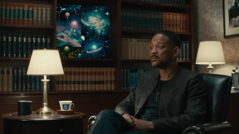 Will Smith mirando pensativamente un collage onírico en un ambiente que recuerda a un consultorio psicológico con estanterías llenas de libros sobre análisis de sueños.