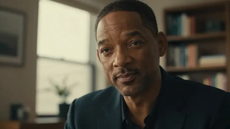 Retrato de Will Smith en un despacho moderno, con expresión decidida y una sutil sonrisa, iluminado por luz natural.