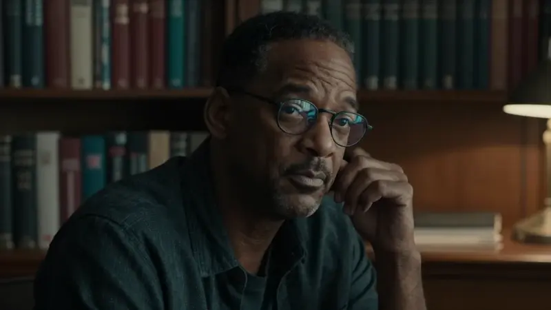 Retrato de un hombre pensativo en un estudio con estanterías llenas de libros de psicología. Un sutil reflejo de Will Smith se vislumbra en sus gafas.