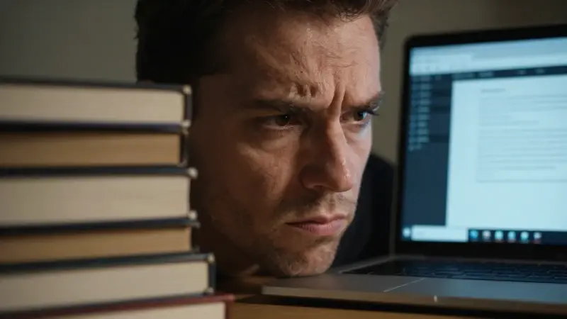 Primer plano de una frente arrugada, con expresión concentrada, en un estudio tenuemente iluminado rodeado de libros de psicología y un portátil abierto con análisis de sueños.