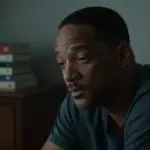 Retrato onírico de Will Smith en un dormitorio tenuemente iluminado, con libros desenfocados sobre una mesita de noche. Ambiente melancólico y cinematográfico.