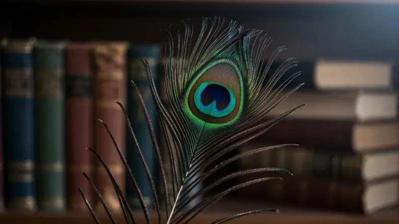 Primer plano de una pluma de pavo real iridiscente sobre un fondo de estudio académico con libros antiguos desenfocados.
