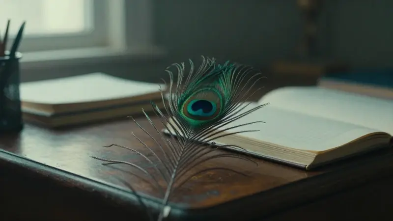 Primer plano de una pluma de pavo real iridiscente sobre un escritorio de madera antiguo, rodeada de diarios de sueños a la luz suave de una ventana.