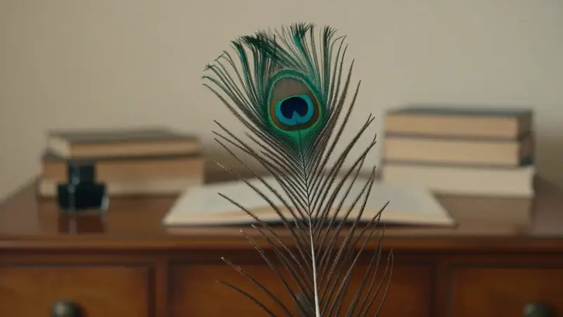 Primer plano de una pluma de pavo real vibrante sobre un escritorio de madera antigua en una habitación con libros y una atmósfera cálida.
