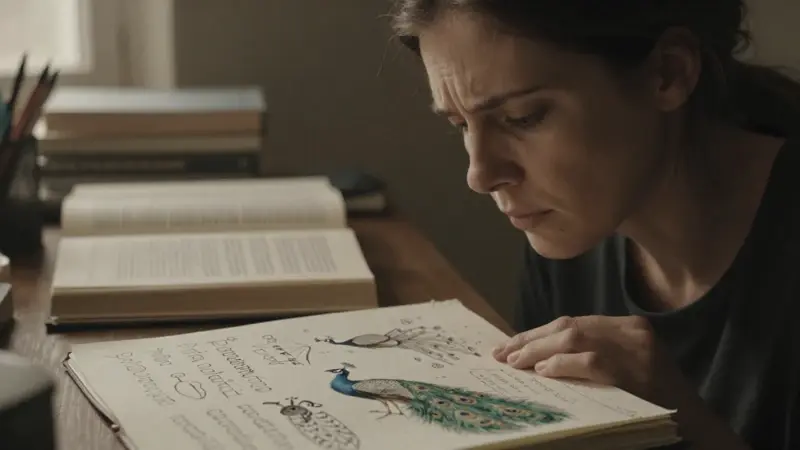 Mujer frustrada estudiando bocetos de pavos reales en su diario de sueños, rodeada de libros sobre psicología y análisis de sueños en un escritorio desordenado.