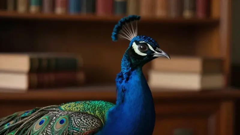 Pluma de pavo real iridiscente sobre un fondo de estudio académico con libros antiguos borrosos e iluminación cálida.