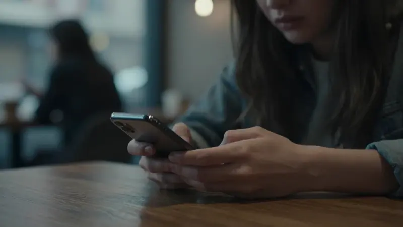 Manos de mujer buscando desesperadamente un teléfono móvil desaparecido en un café urbano borroso.