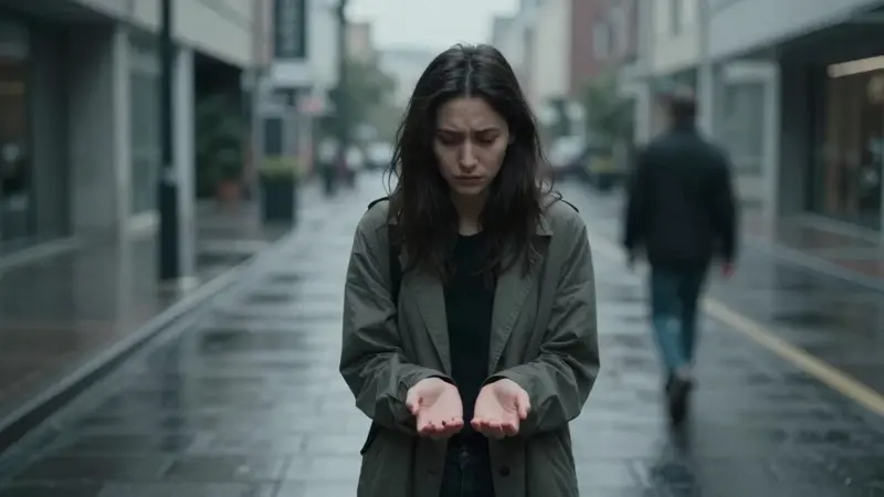 Joven angustiada con las manos vacías en una calle urbana, tras un posible robo.