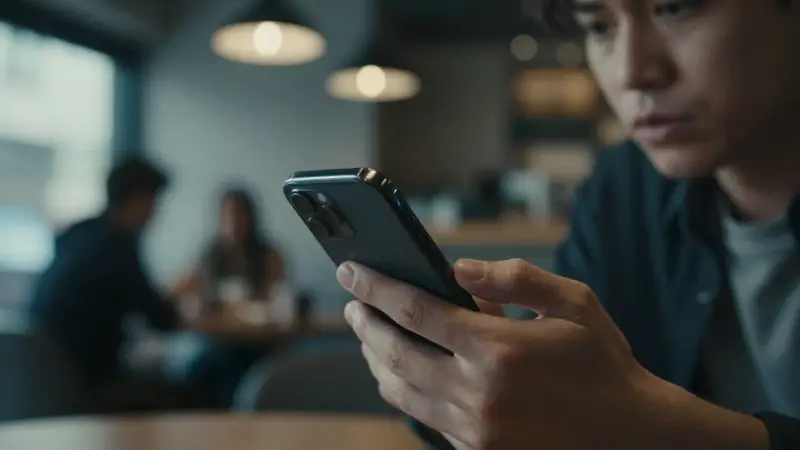 Mano sujetando firmemente un teléfono móvil en un café, con personas borrosas de fondo y una atmósfera tensa.