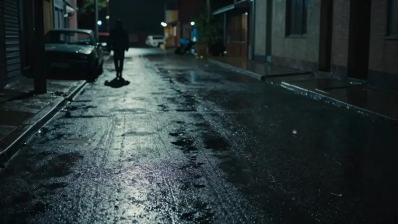 Calle de ciudad vacía por la noche con espacio de estacionamiento abandonado y una figura sombría alejándose.