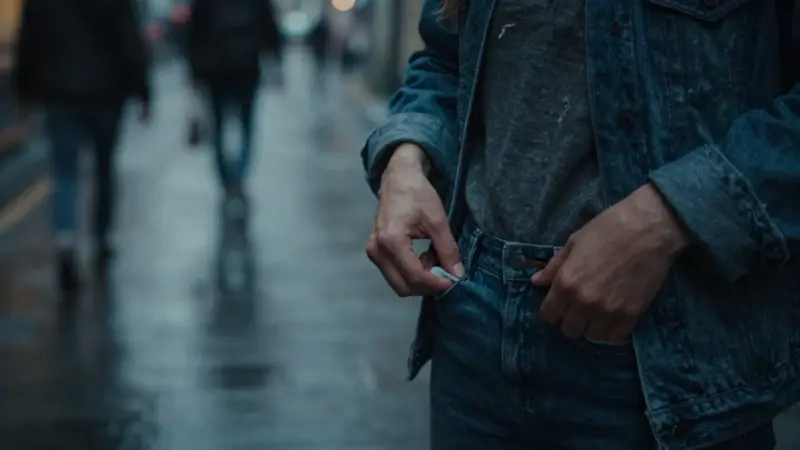 Mujer buscando en un bolsillo vacío en una calle urbana nocturna, reflejando angustia por un posible robo.