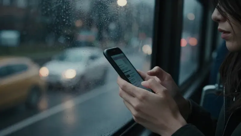 Manos aferrando un celular recuperado en un autobús urbano, reflejando luces borrosas de la noche lluviosa.