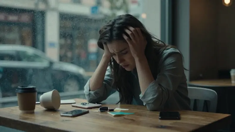 Joven buscando desesperadamente su celular bajo una mesa en un café con poca luz, mostrando angustia y desorden a su alrededor.