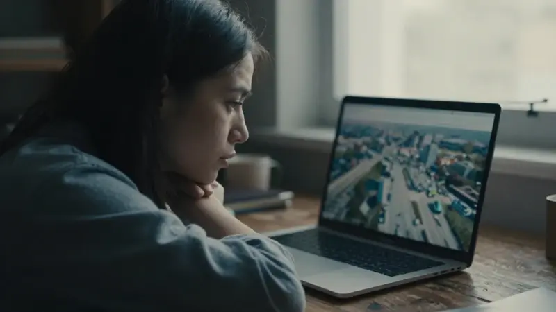Mujer frente a un portátil con una vista aérea borrosa, en un estudio tenuemente iluminado, analizando el significado de soñar con aviones.