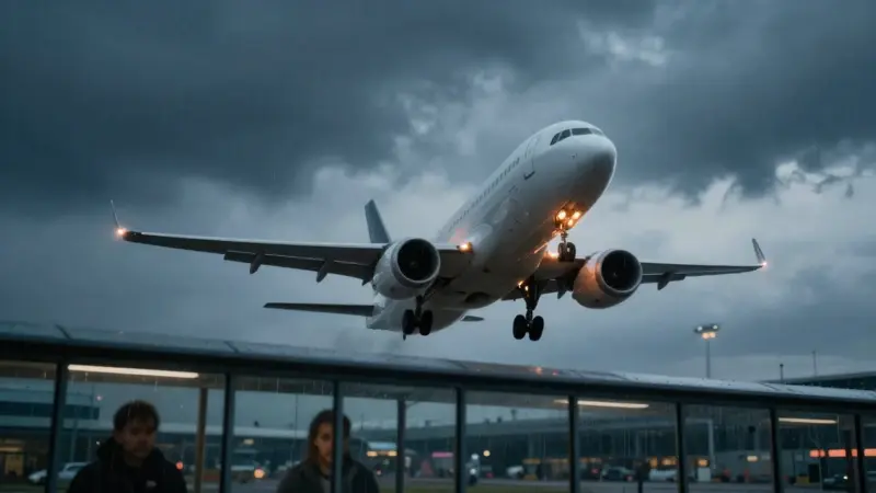 Avión despegando hacia un cielo crepuscular tormentoso, con reflejos de rostros ansiosos en las ventanas del aeropuerto.
