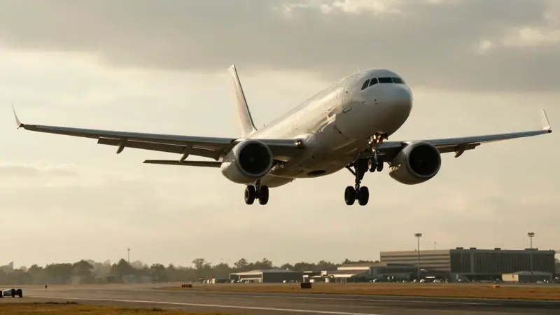Avión descendiendo hacia la pista de aterrizaje durante la hora dorada, con un ambiente brumoso y cielo nublado.