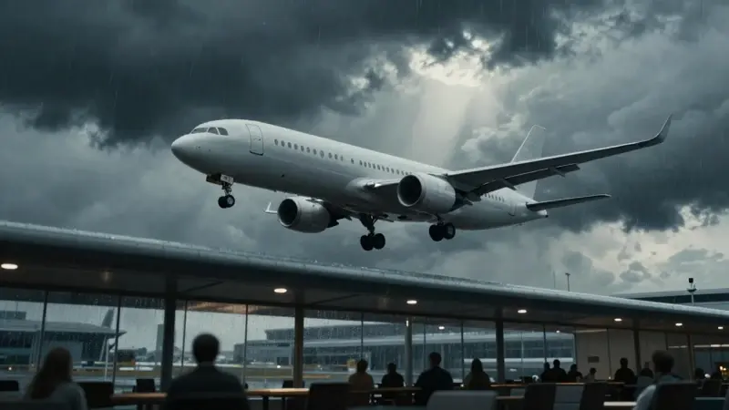 Avión de pasajeros en caída descendente, visto desde abajo a través de las ventanas lluviosas de un aeropuerto. Nubes tormentosas oscurecen el cielo.